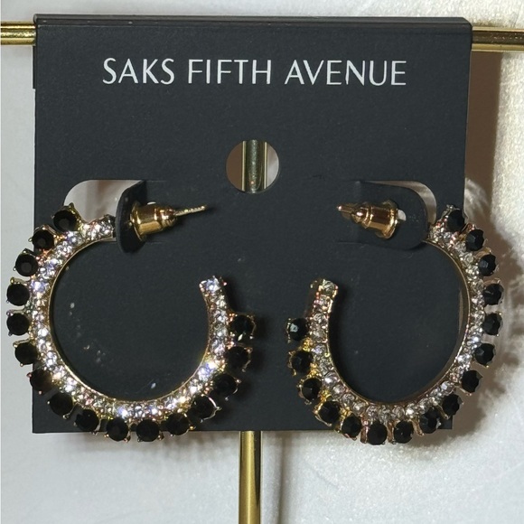 Saks Fifth Ave Gold Tone Black Crystal Open Hoop post Earrings - Picture 3 of 8
